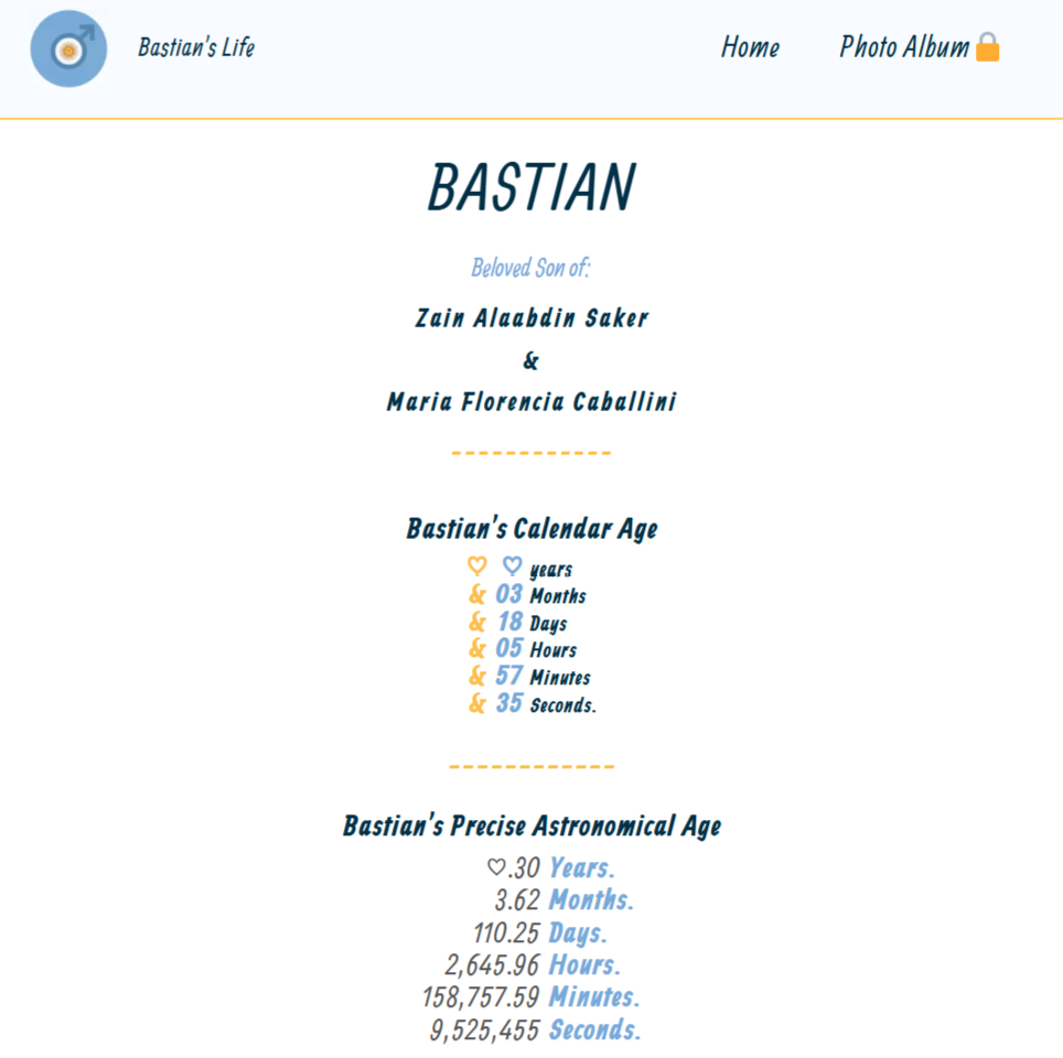 Bastian's Life website interface displaying a precise astronomical real-time age tracker and a secure photo album link.